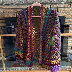 Multicolor Crochet Open-Front Cardigan Sweater - Purple/Green/Teal